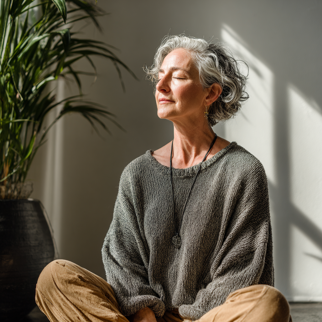 Mature woman practicing mindful meditation in peaceful studio environment